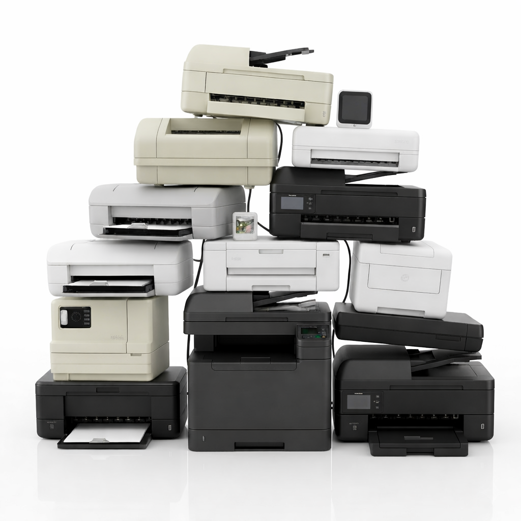 A stack of discarded home printers