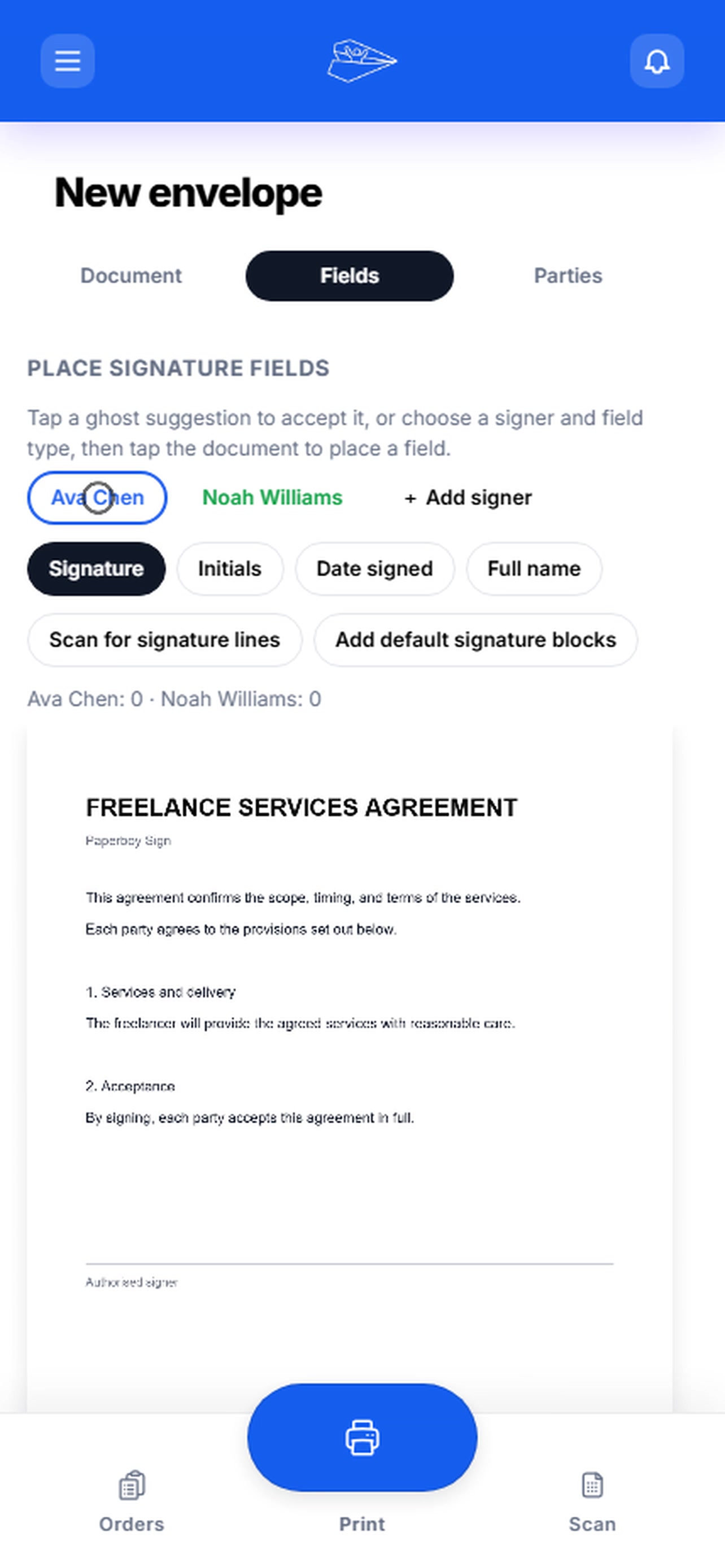 paperboy Sign showing signature fields being placed on an agreement